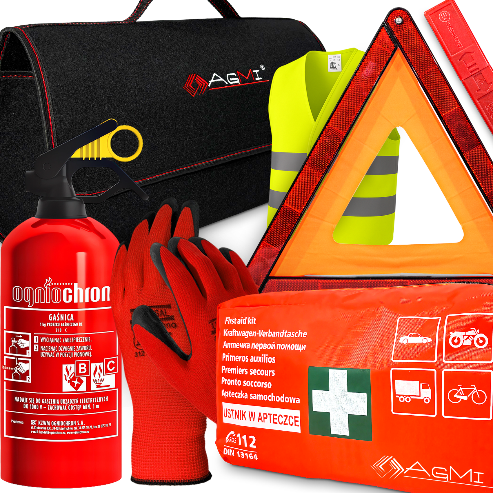 GAŚNICA 1KG APTECZKA DIN13164 KAMIZELKA TORBA TRÓJKĄT RĘKAWICE ZESTAW