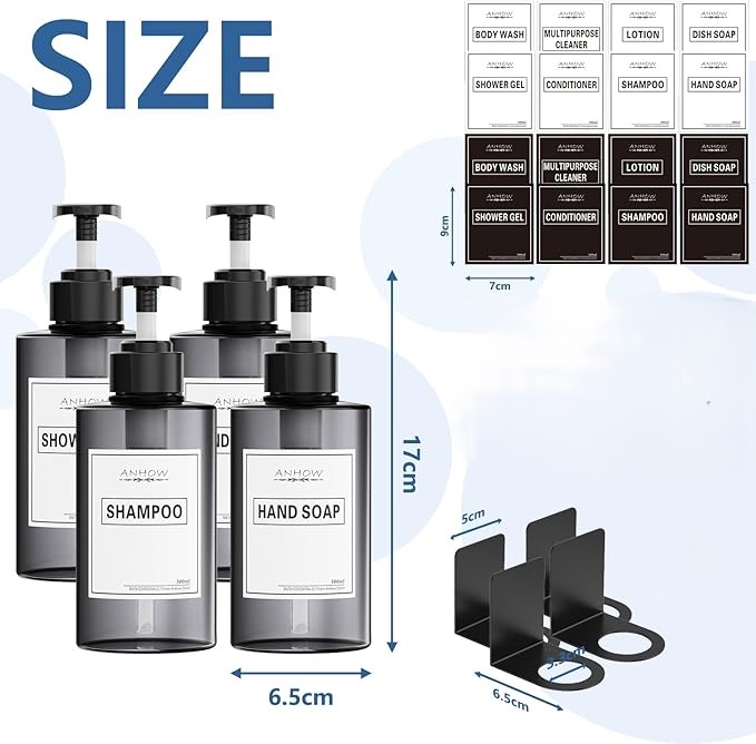 Anhow 4 szt Dozownik do Mydła na ścianę 300ml z etykietami (3)
