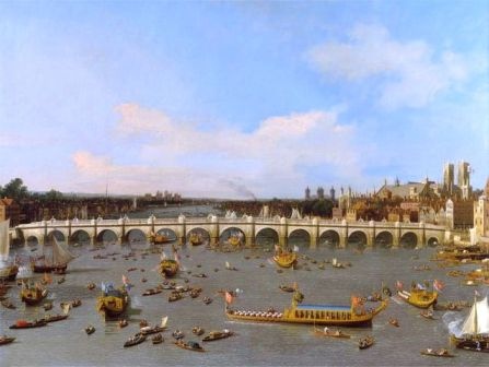 Canaletto - Westminster most z burmistrzem na procesji na Tamizie