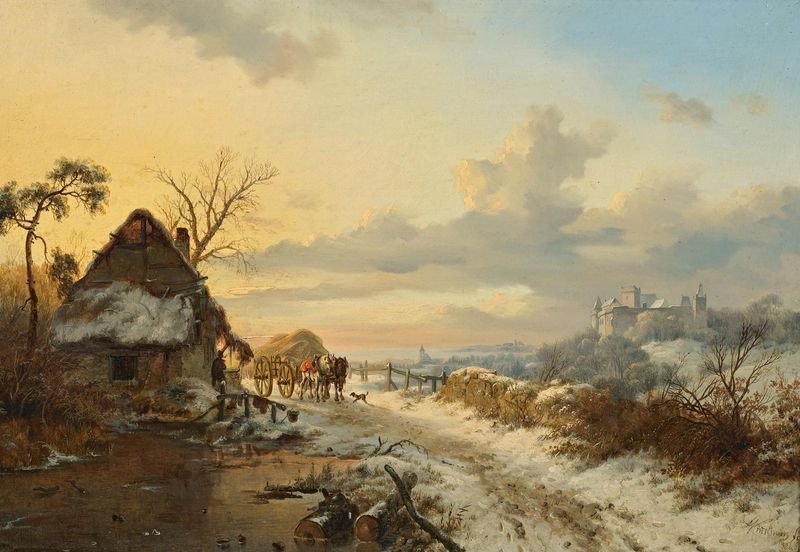 Fredrik Kruseman - Zimowy krajobraz z końmi i wozami