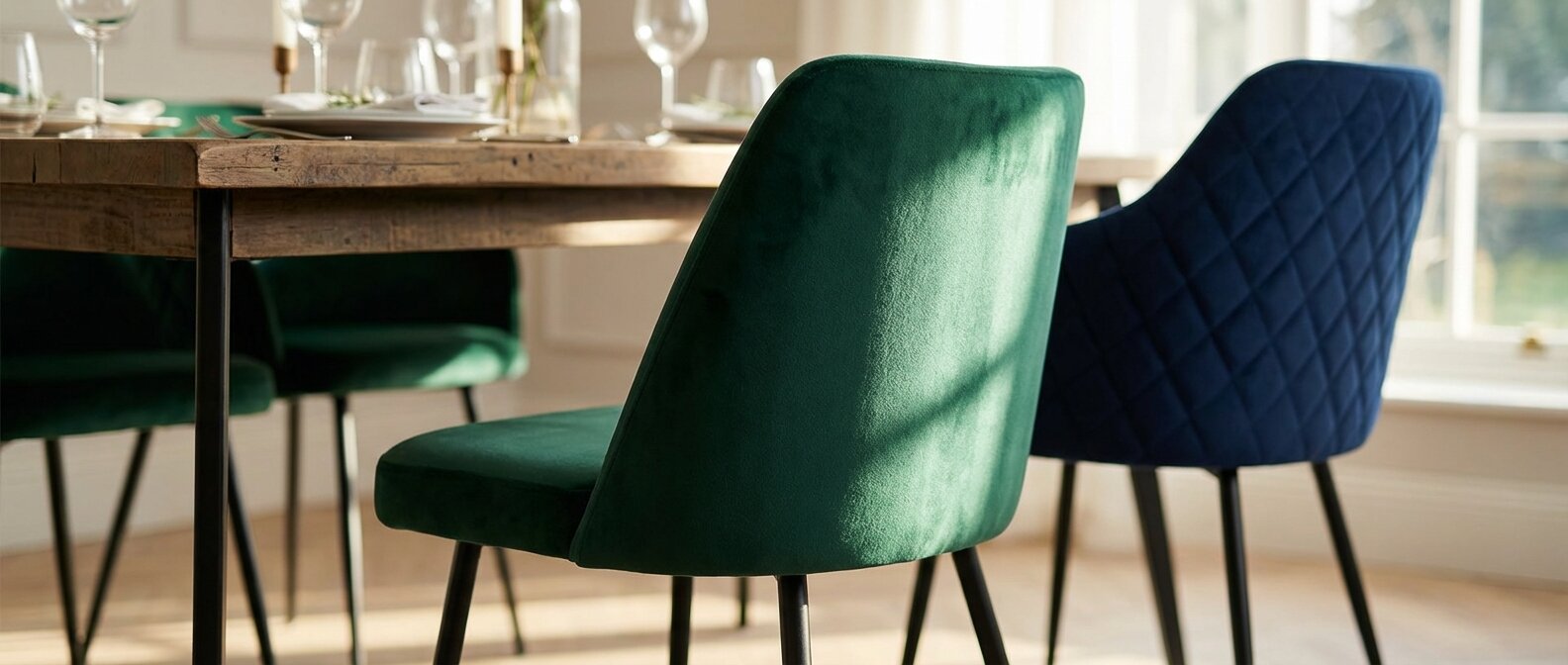 Eleganckie krzesła tapicerowane w tkaninie welurowej przy nowoczesnym stole w jadalni MebloDom.