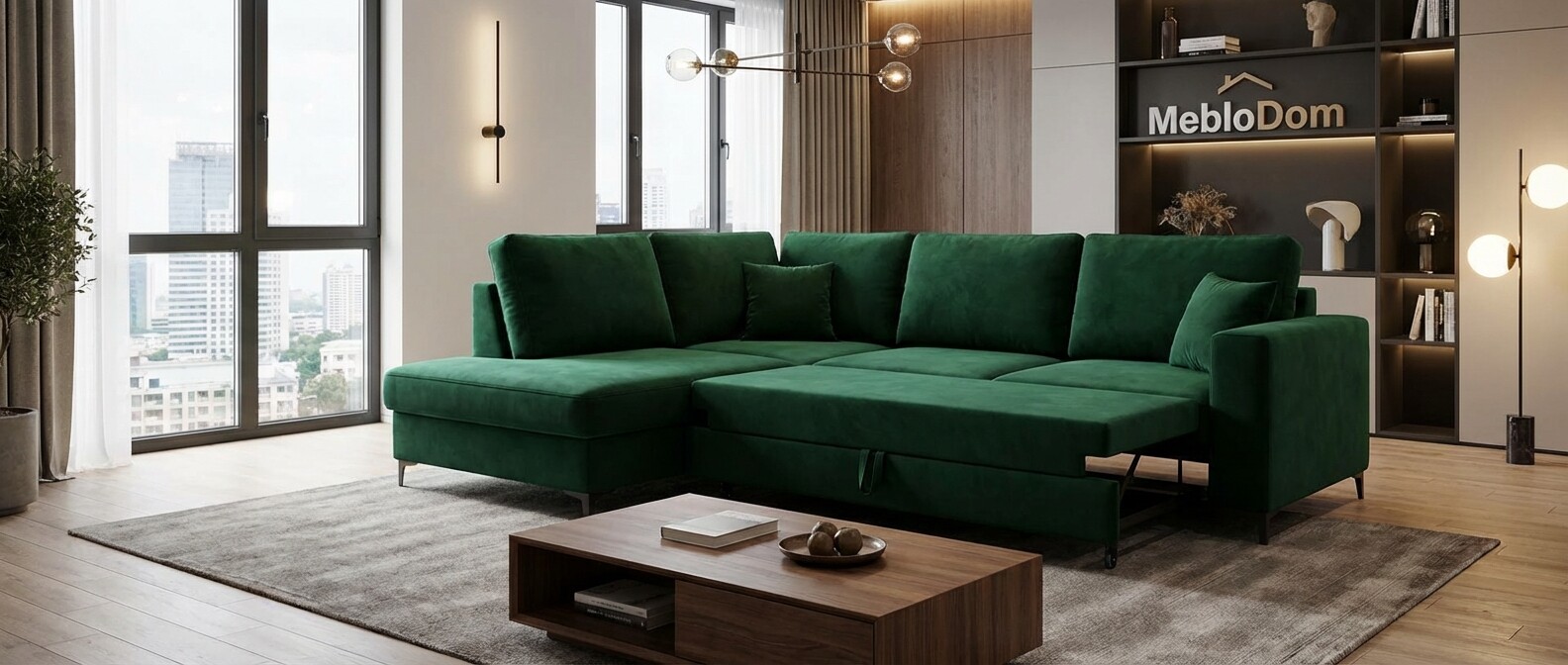 Elegancki narożnik L-kształtny w butelkowej zieleni z funkcją spania w nowoczesnym salonie MebloDom