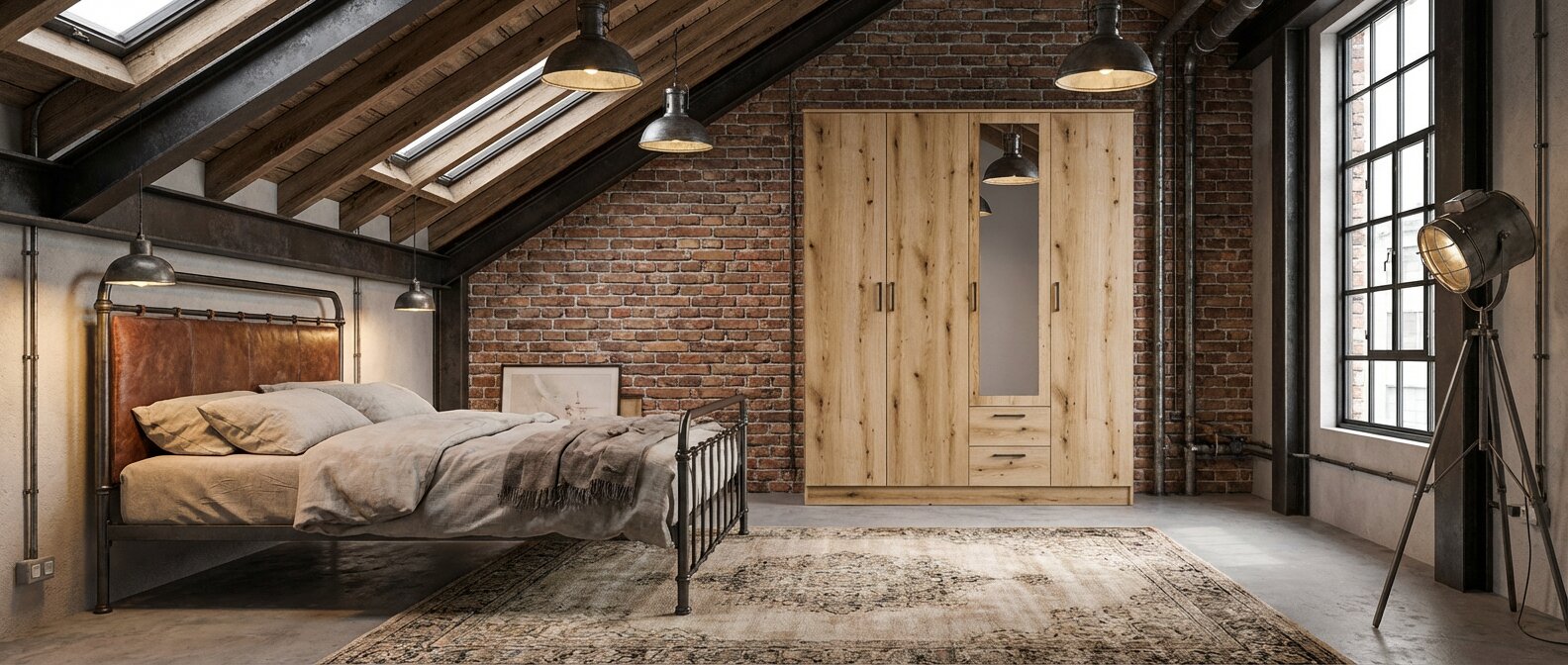 ndustrialna szafa MONTANA od Liveo w kolorze dąb lefkas z grubymi korpusami i frontami w industrialnej sypialni z łóżkiem 