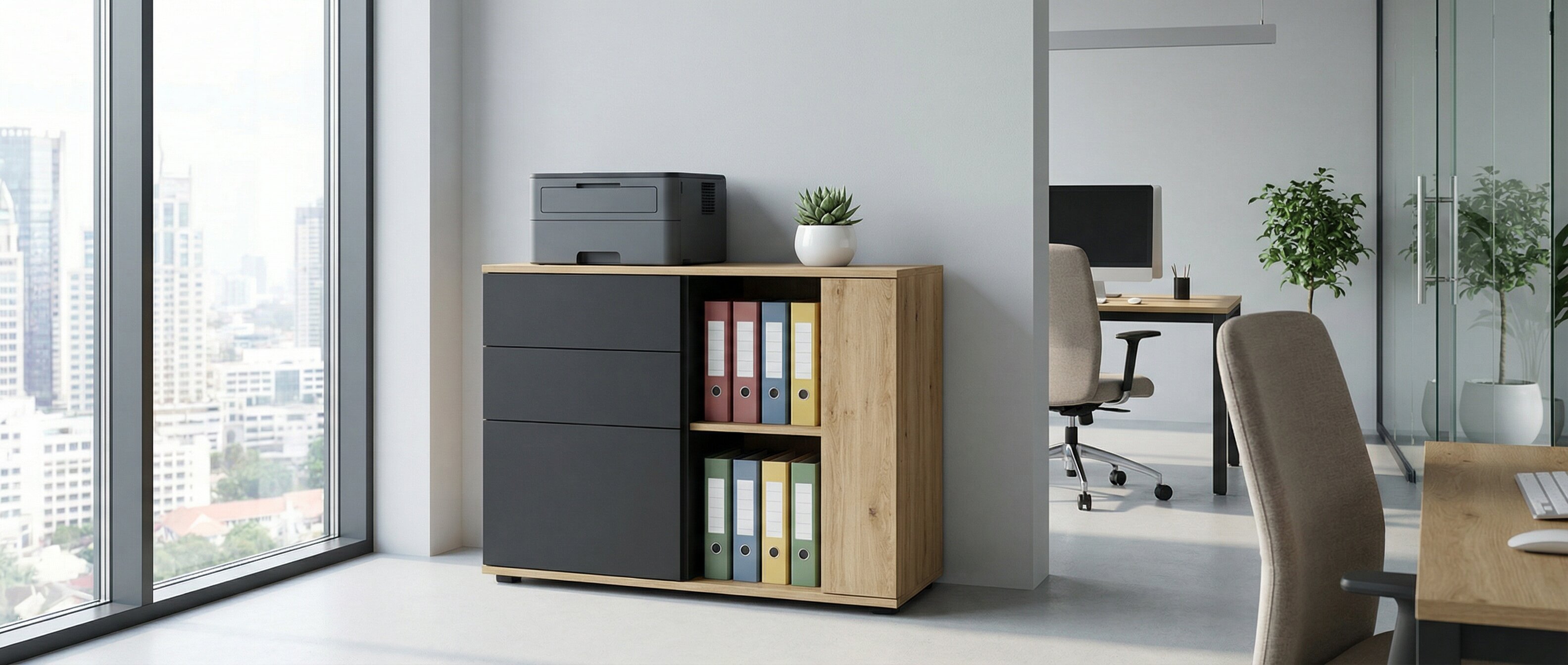 Funkcjonalna komoda biurowa z szufladami i szafką, idealna do organizacji dokumentów w biurze i home office.