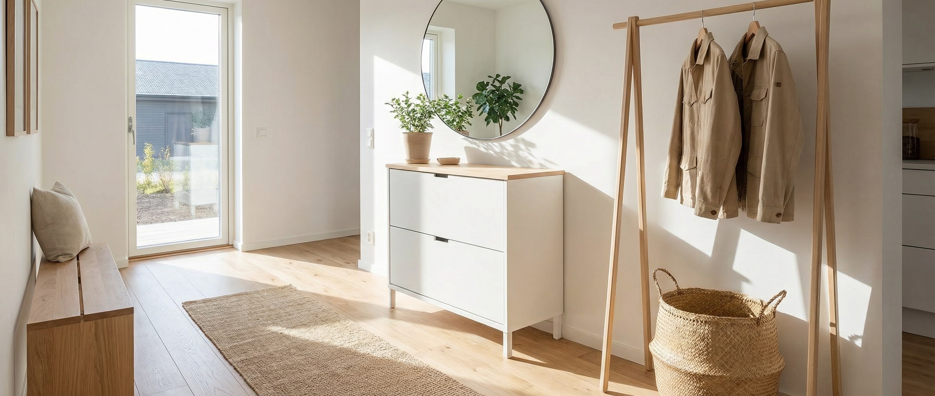 Aranżacja nowoczesnego przedpokoju z pojemną szafą przesuwną z lustrem i wąską szafką na buty. Funkcjonalne meble do korytarza - inspiracja od MebloDom.