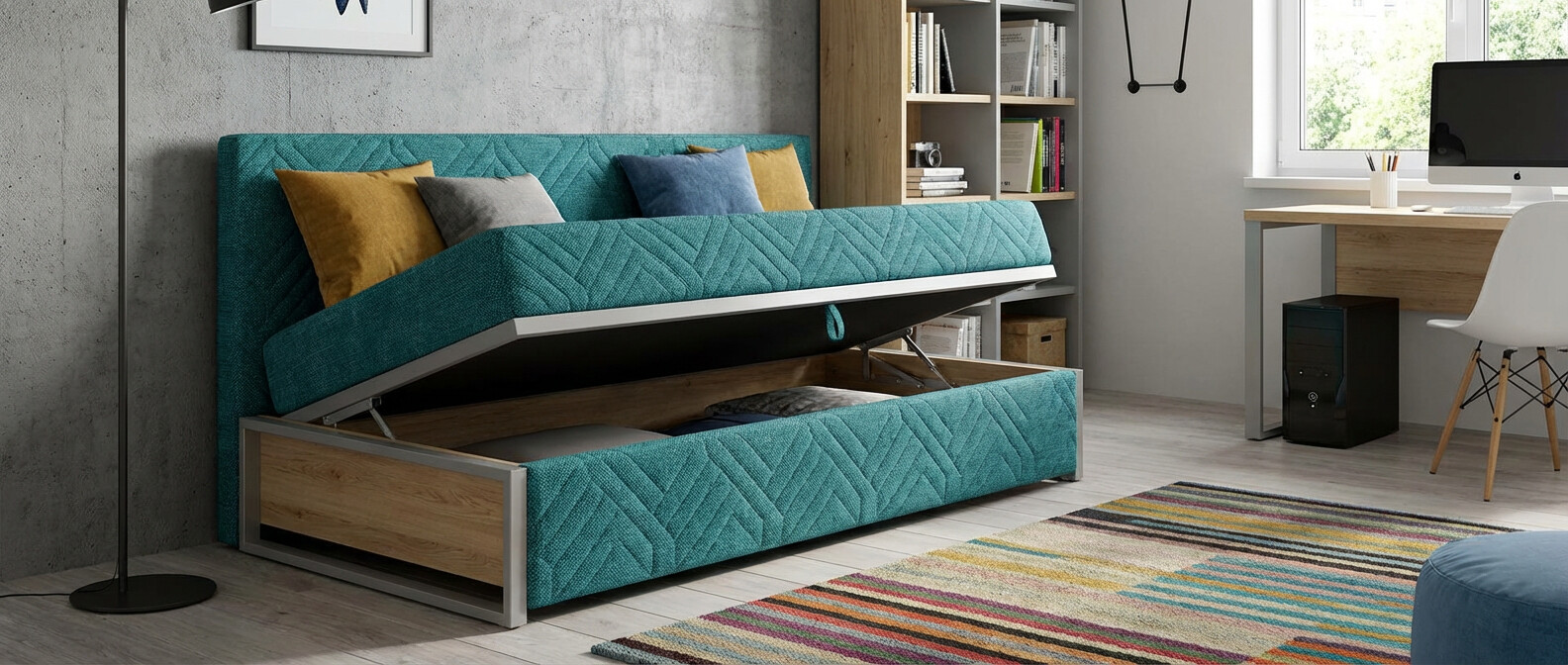 Tapczan młodzieżowy z otwartym pojemnikiem na pościel w nowoczesnym pokoju.