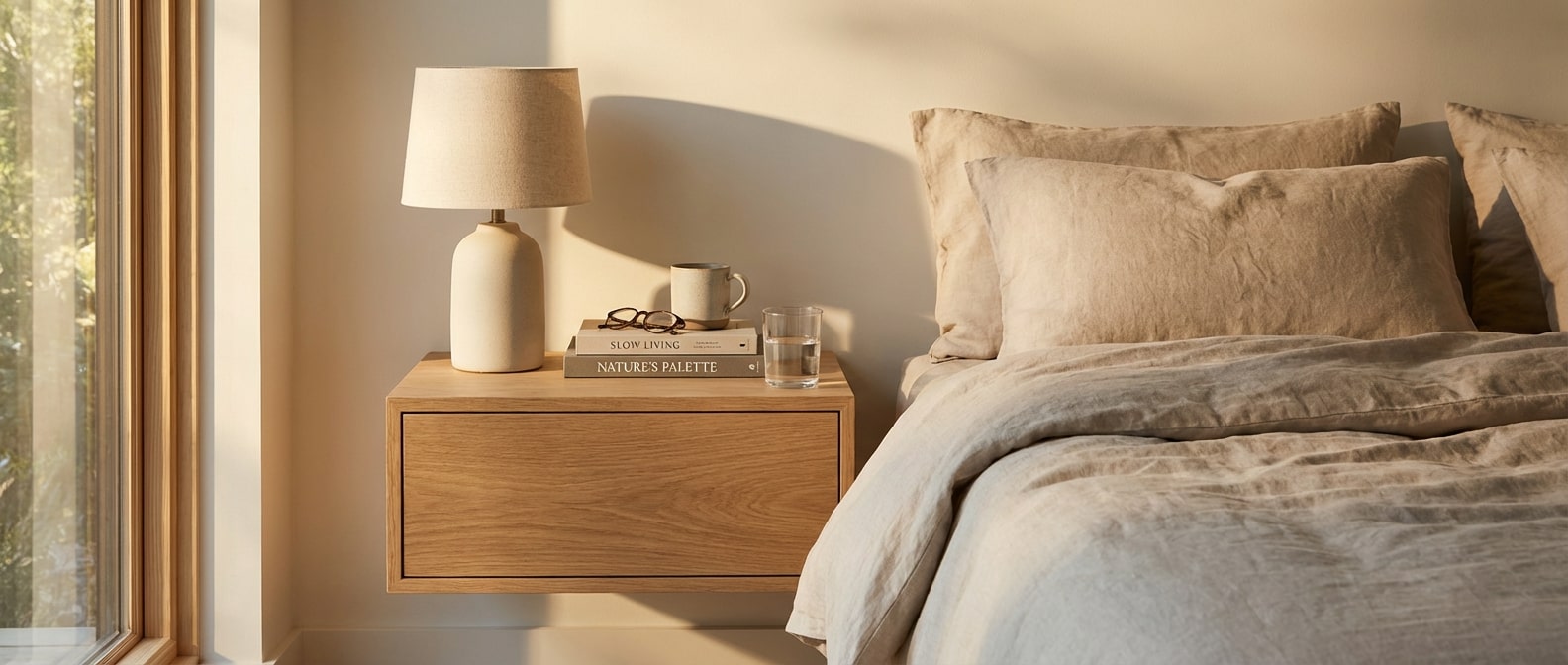 owoczesna drewniana szafka nocna w przytulnej sypialni, aranżacja Meblodom