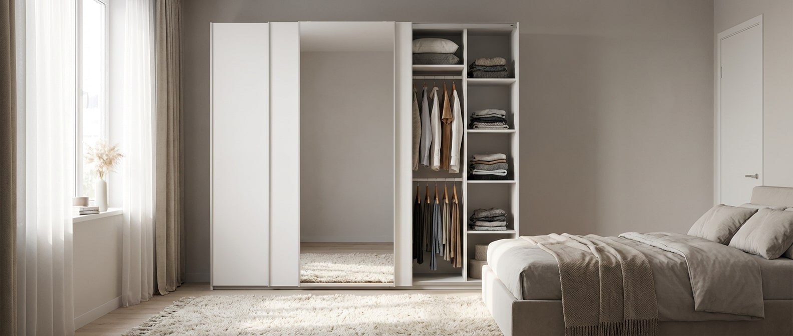 Nowoczesna biała szafa przesuwna z lustrem i zorganizowanym wnętrzem w sypialni.