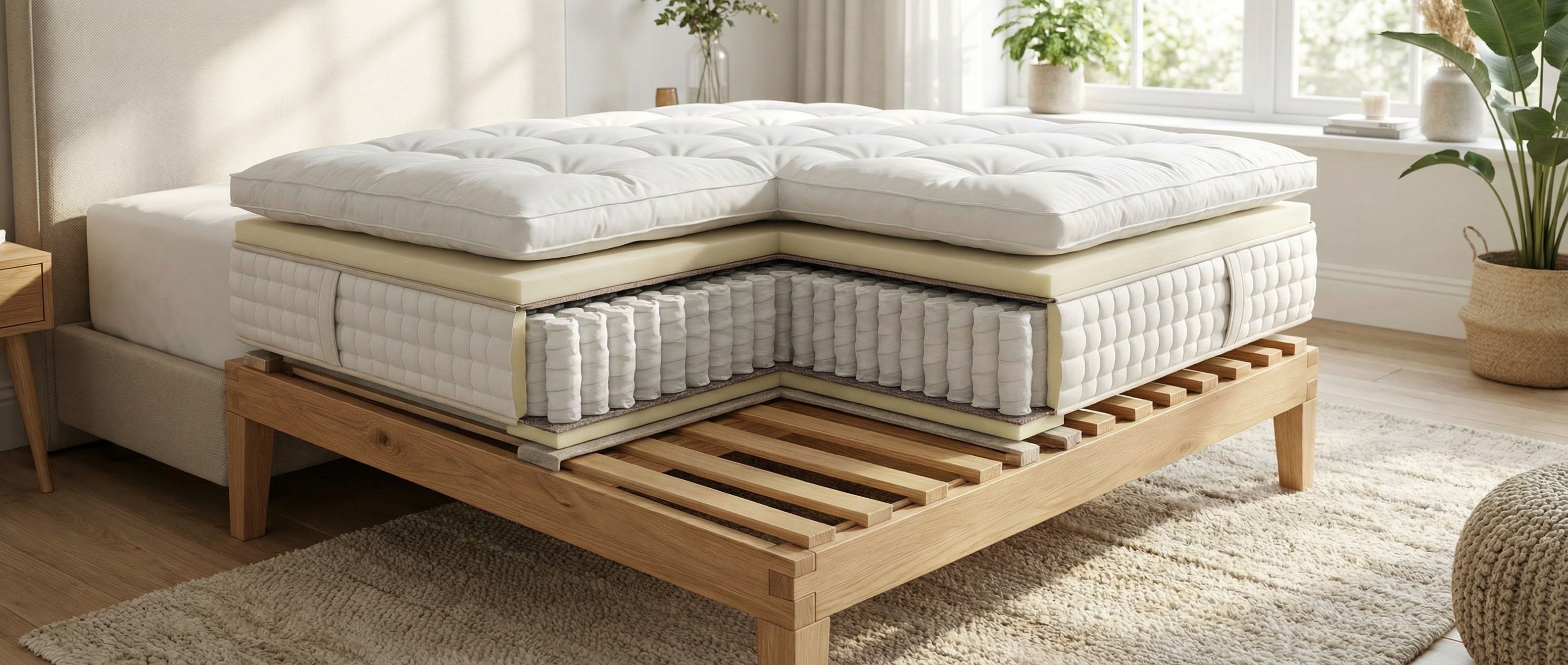 Warstwy wygodnego łóżka: drewniany stelaż elastyczny i materac z topperem nawierzchniowym.