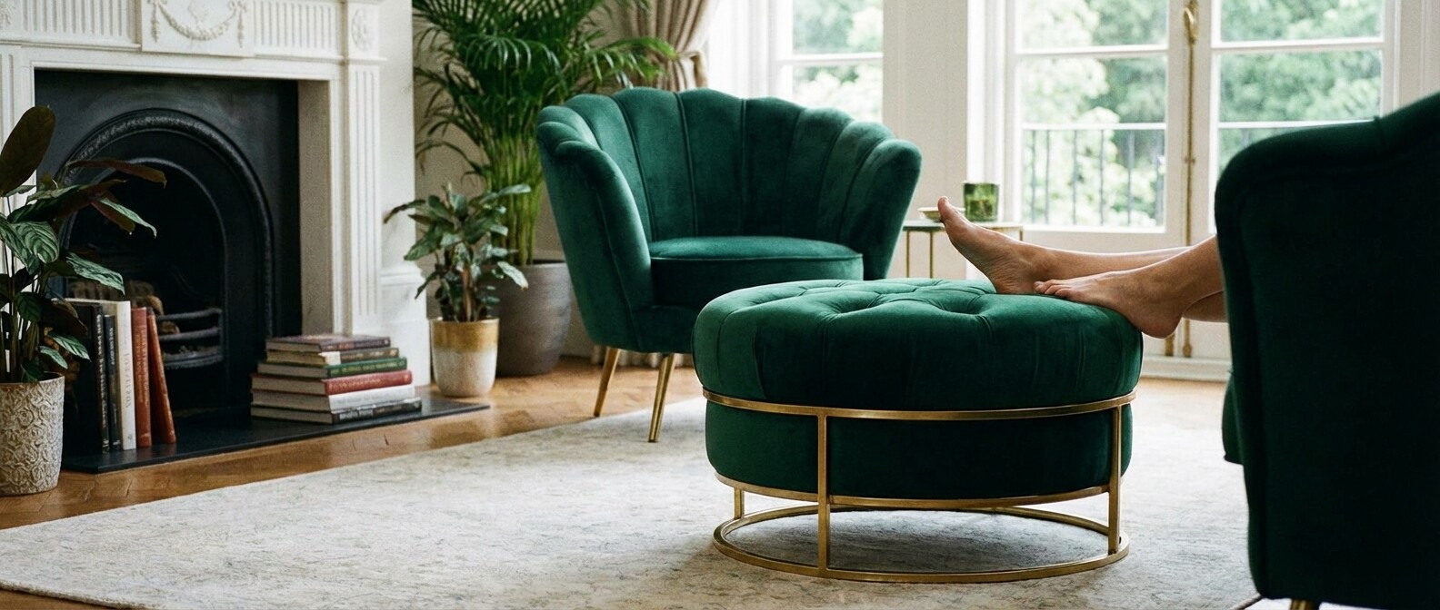 Zielona pufa welurowa ze złotą podstawą pełniąca funkcję podnóżka w salonie.