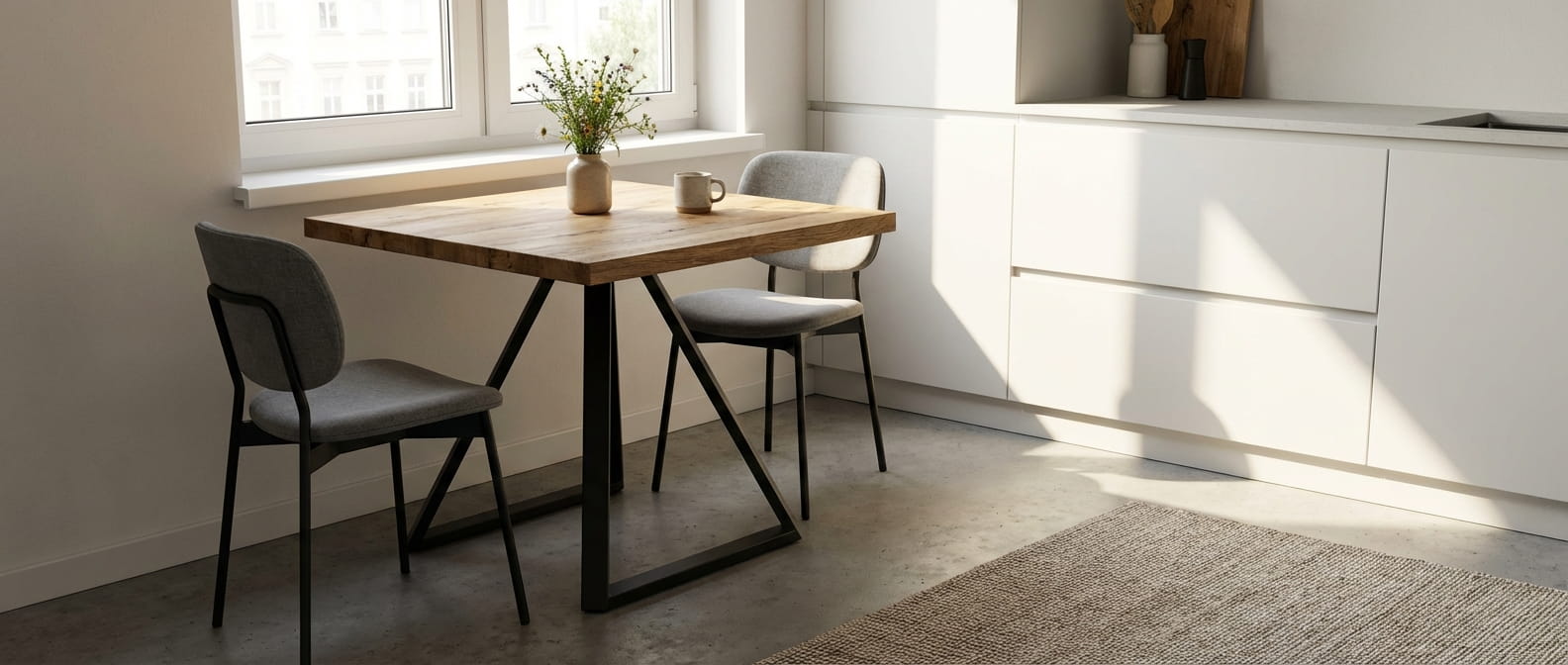 Mały kwadratowy stół w kolorze dębu na metalowych nogach ustawiony w nowoczesnej, jasnej kuchni