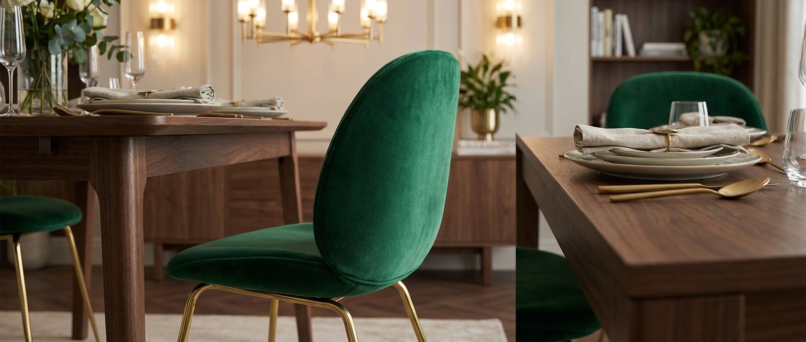 Nowoczesne krzesło welurowe w kolorze zielonym na złotych nogach przy stole w jadalni.