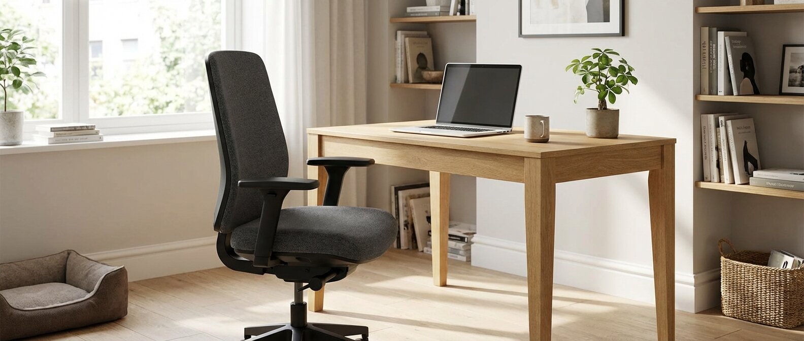 Nowoczesne szare krzesło obrotowe z regulacją wysokości przy biurku w domowym biurze.