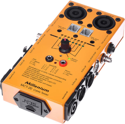 Tester kabli XLR DMX Speakon DIN Jack RCA RJ45 Millenium MCT-20 na baterie