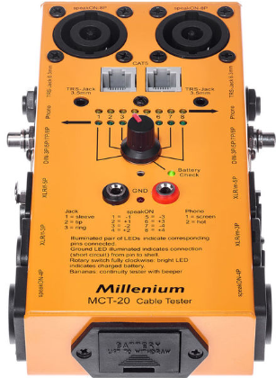 Tester kabli XLR DMX Speakon DIN Jack RCA RJ45 Millenium MCT-20 na baterie