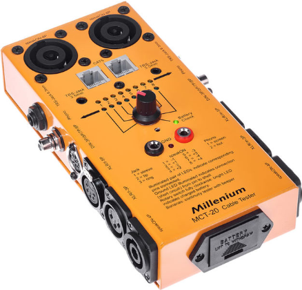 Tester kabli XLR DMX Speakon DIN Jack RCA RJ45 Millenium MCT-20 na baterie