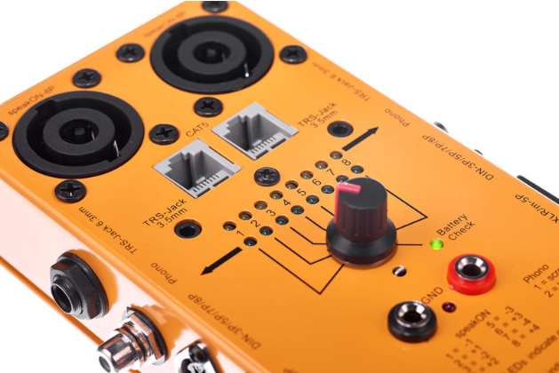 Tester kabli XLR DMX Speakon DIN Jack RCA RJ45 Millenium MCT-20 na baterie