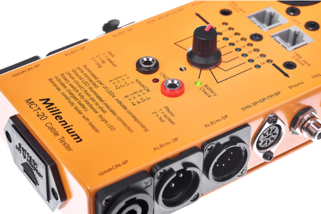Tester kabli XLR DMX Speakon DIN Jack RCA RJ45 Millenium MCT-20 na baterie