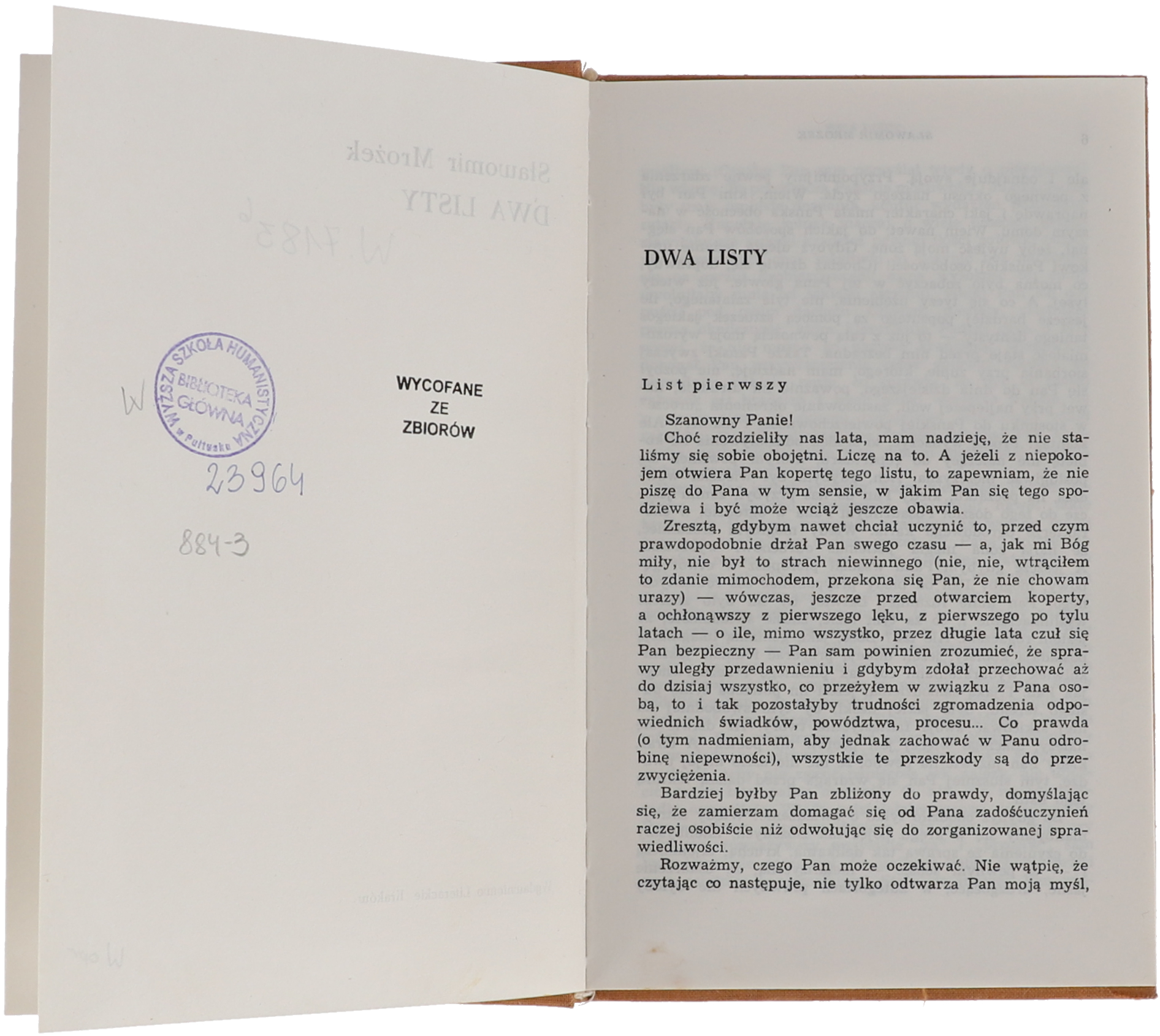 Książka Sławomir Mrożek Dwa Listy 1974