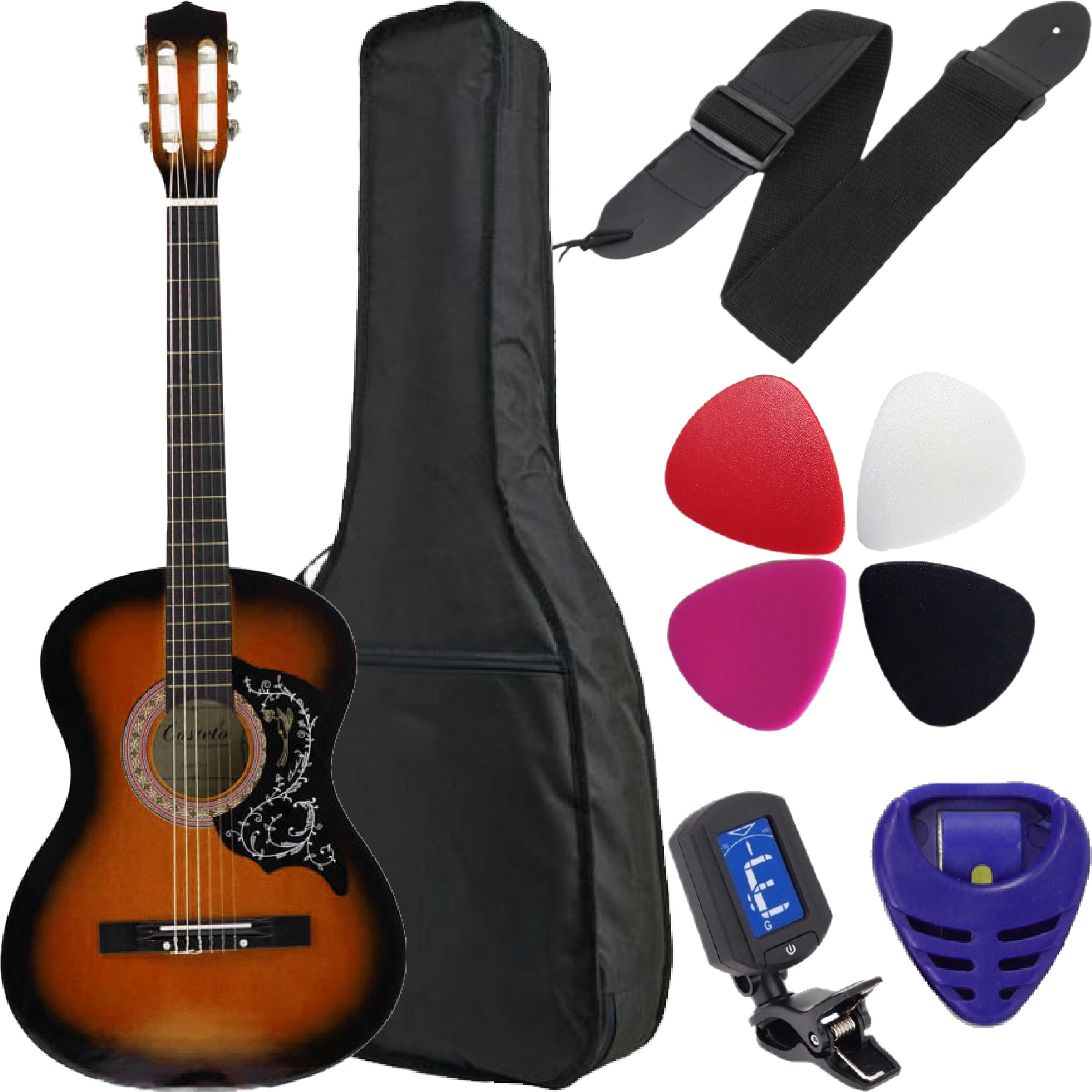 Gitara klasyczna Castelo 7/8 Sunburst od 12 lat dla dorosłych ZESTAW