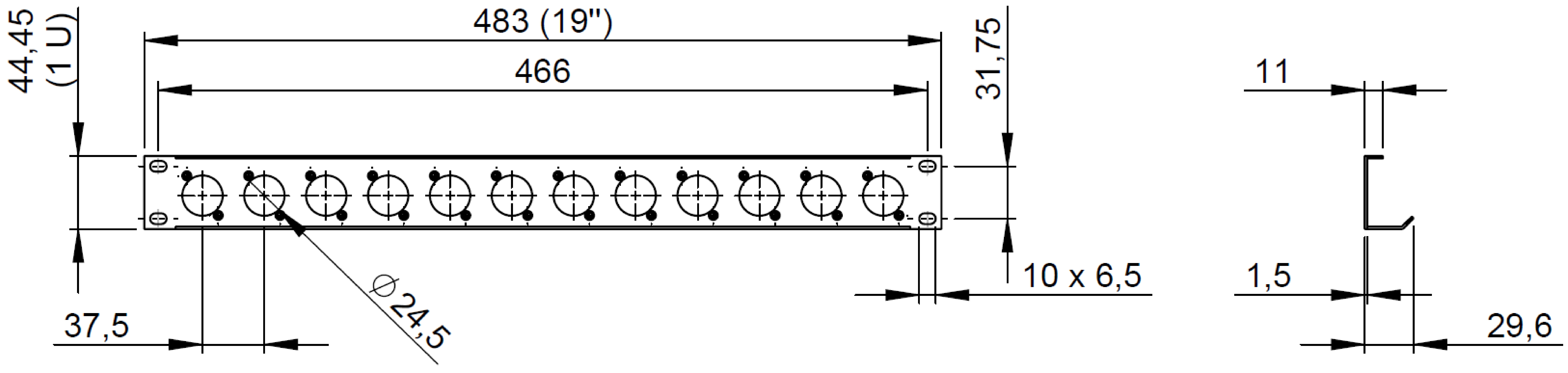 Panel maskujący zaślepka 12 gniazd XLR Rack 19 1U stal Adam Hall 872215