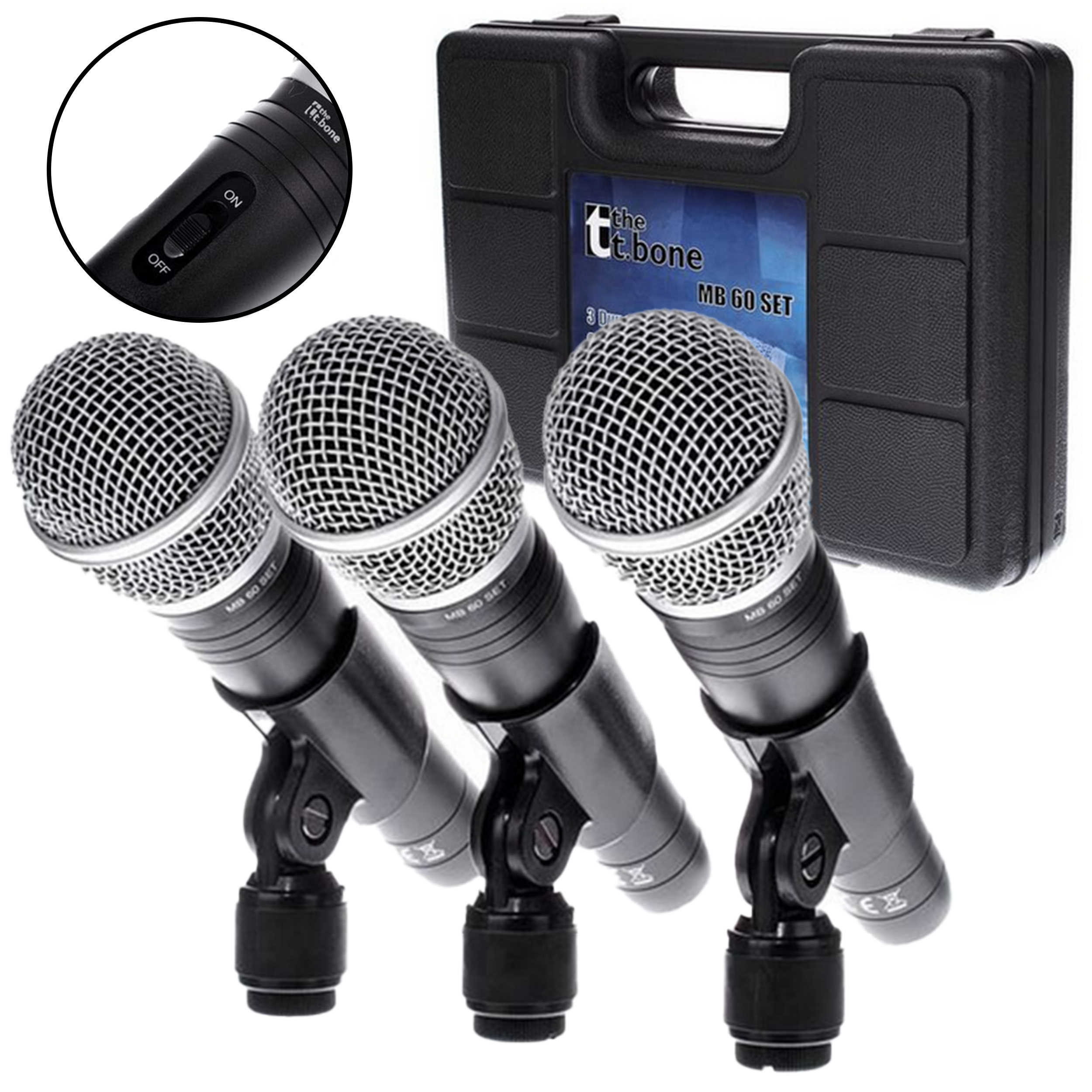 Mikrofon dynamiczny wokalny the t.bone MB 60 Włącznik Uchwyt 3 szt ZESTAW