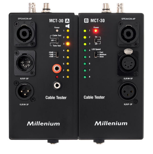 Tester kabli XLR DMX Speakon DIN BNC Jack RCA RJ11 RJ45 Millenium MCT-30