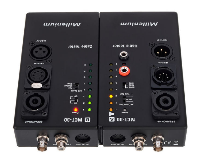 Tester kabli XLR DMX Speakon DIN BNC Jack RCA RJ11 RJ45 Millenium MCT-30