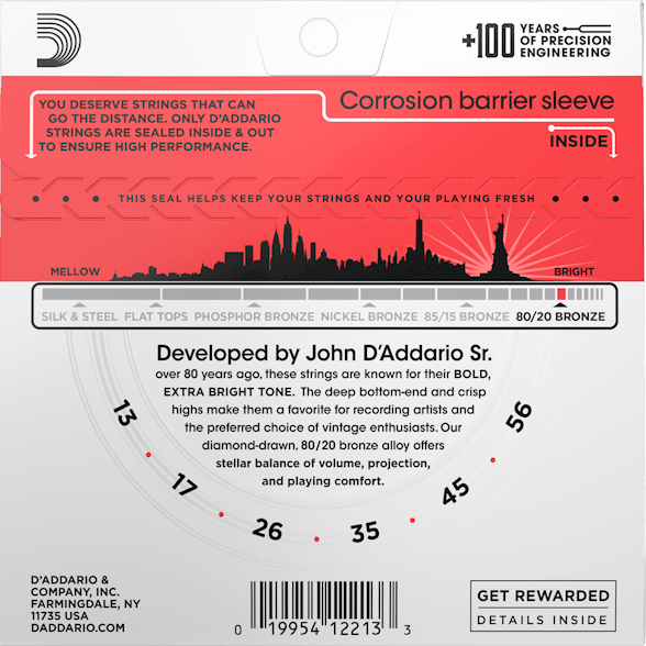 Struny do gitary akustycznej akustyka 80/20 Bronze Daddario EJ12 13-56