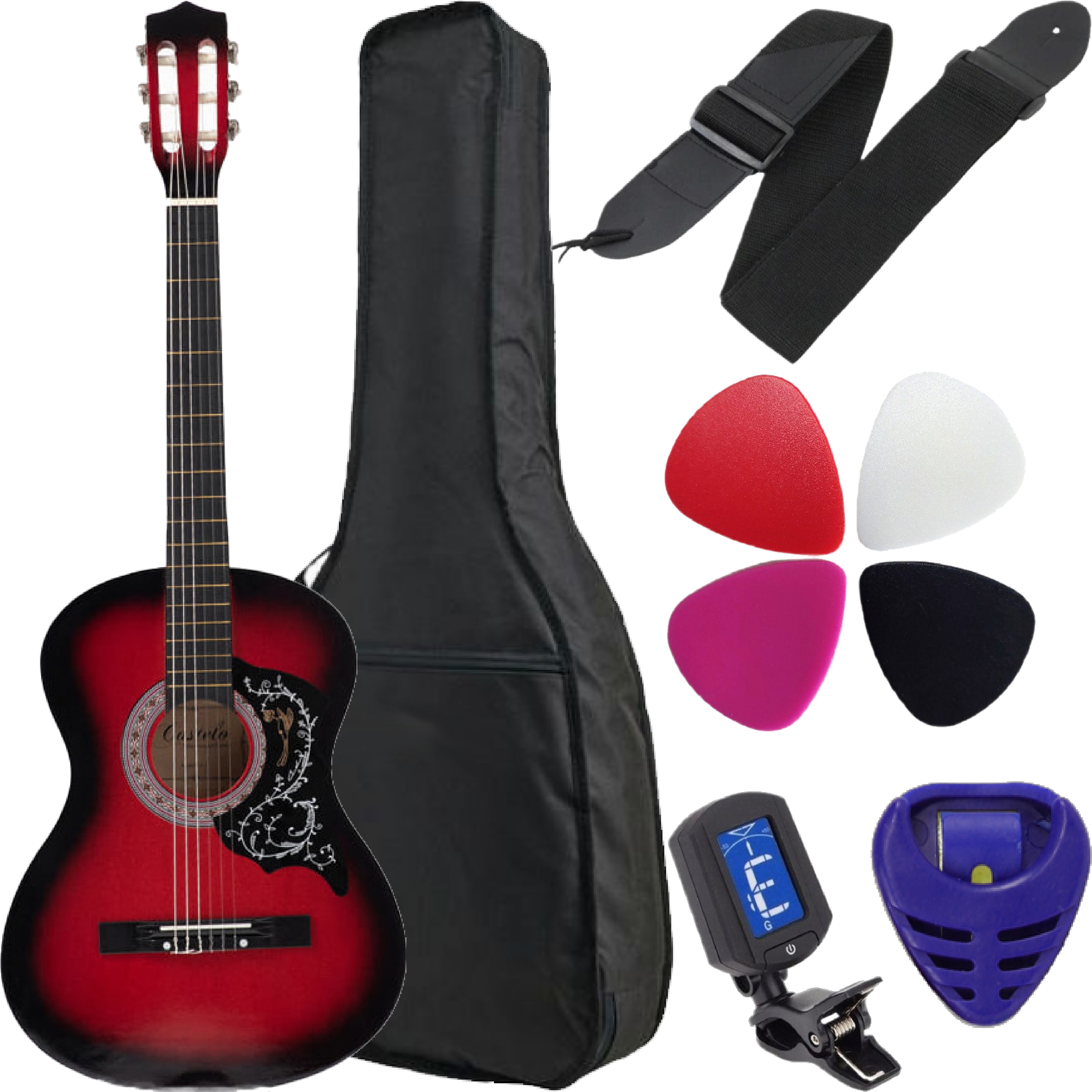 Gitara klasyczna Castelo 7/8 Czerwona od 12 lat dla dorosłych ZESTAW