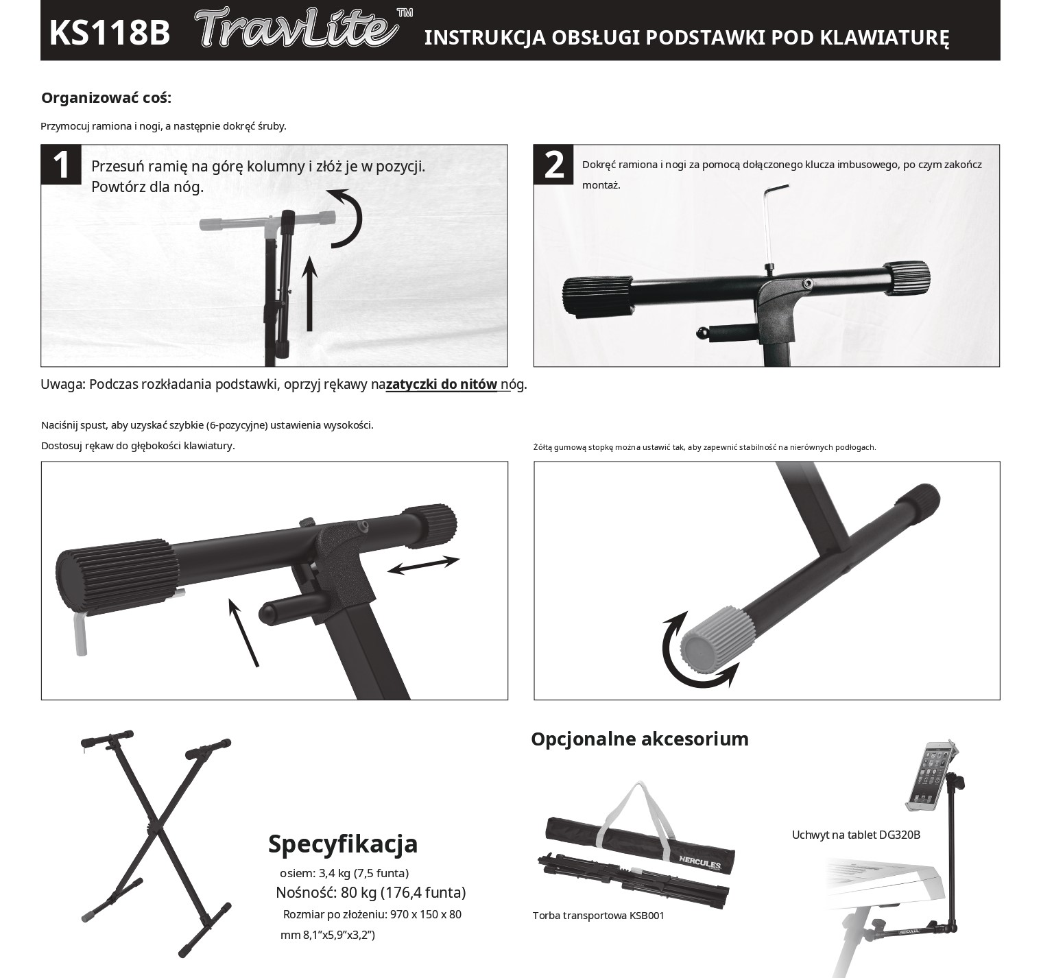 Statyw stojak pod keyboard pianino Hercules KS118B TravLite z regulacją
