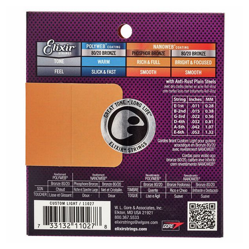 Struny do gitary akustycznej Elixir 11027 80/20 Bronze NANOWEB 11-52