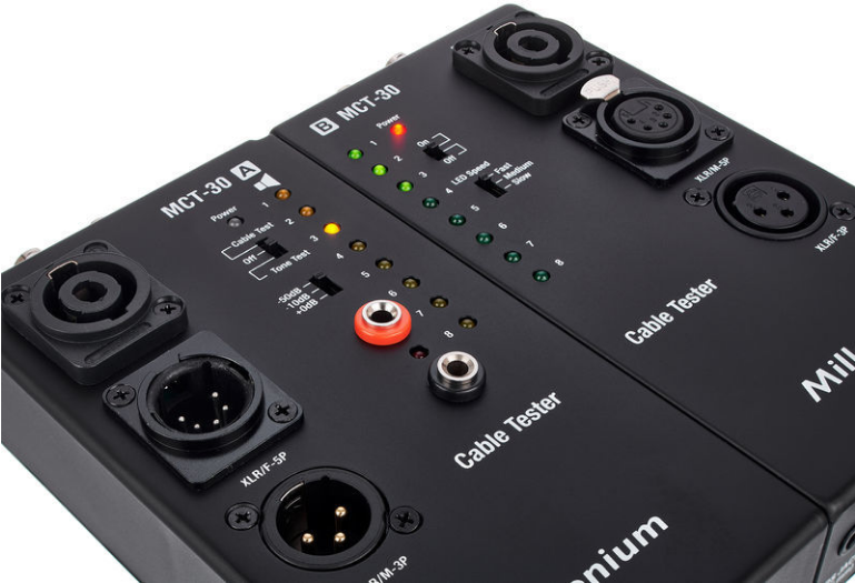 Tester kabli XLR DMX Speakon DIN BNC Jack RCA RJ11 RJ45 Millenium MCT-30