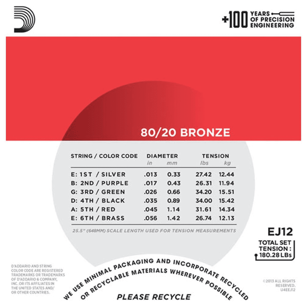 Struny do gitary akustycznej akustyka 80/20 Bronze Daddario EJ12 13-56