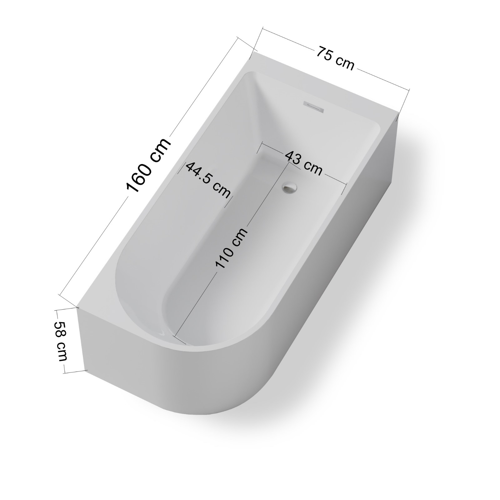 Wanna wolnostojąca przyścienna NAROŻNA PULA PRAWA 160 x 75 cm biała system przelewowy