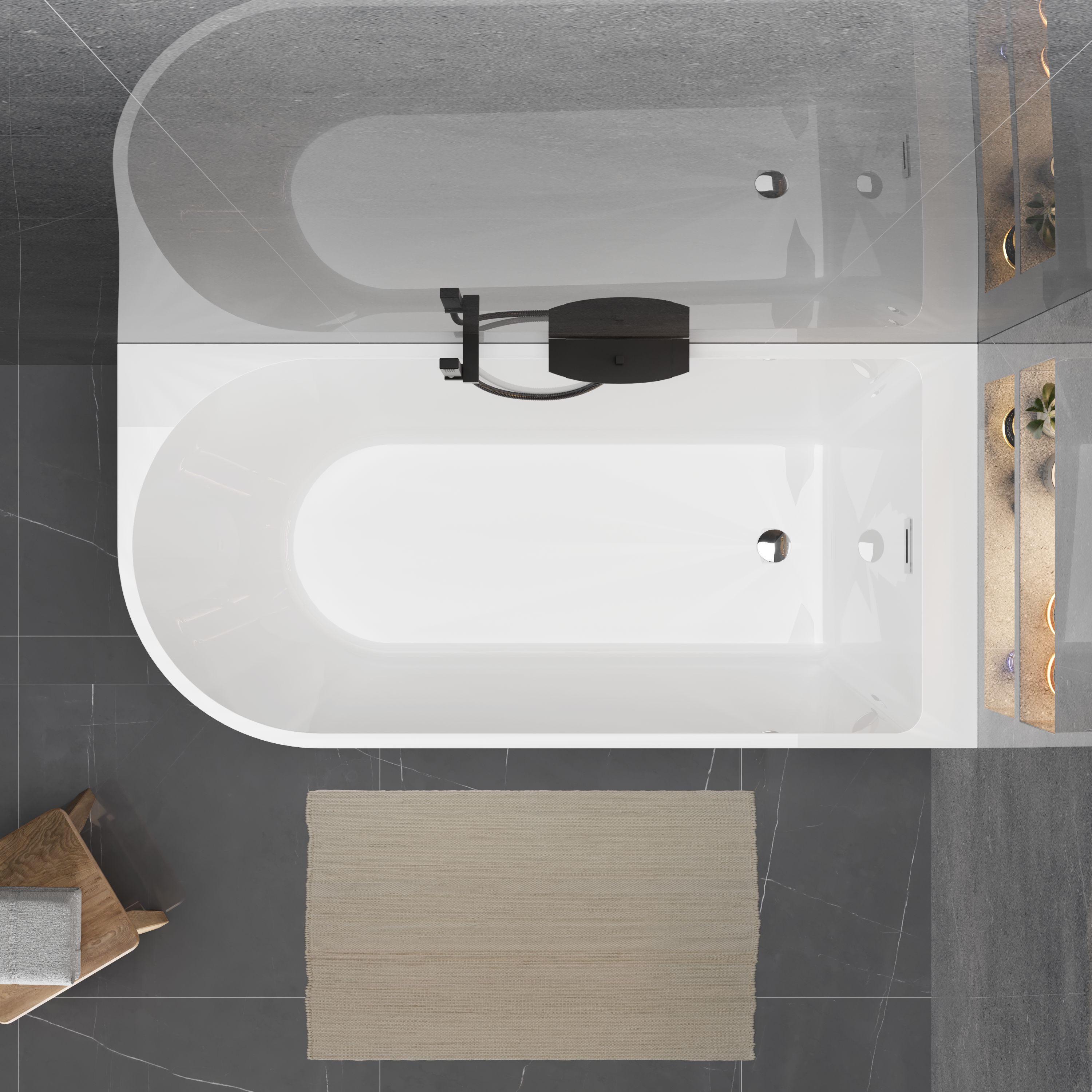 Wanna wolnostojąca przyścienna NAROŻNA PULA PRAWA 160 x 75 cm biała system przelewowy