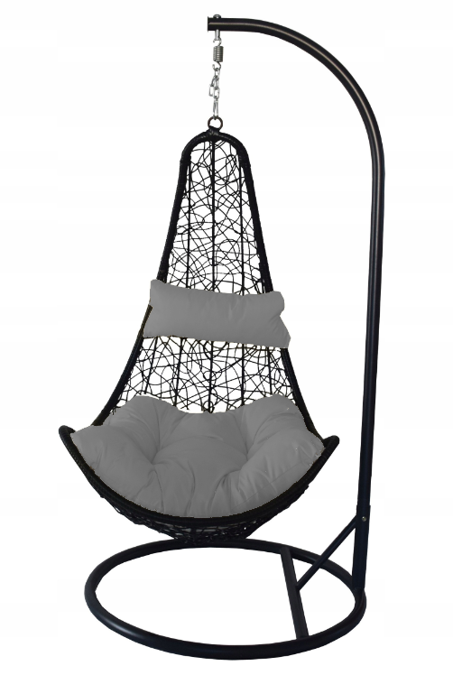 Fotel Wiszący Kokon KOSZ ŁEZKA CZARNY STELAŻ PODUSZKA SZARA. E
