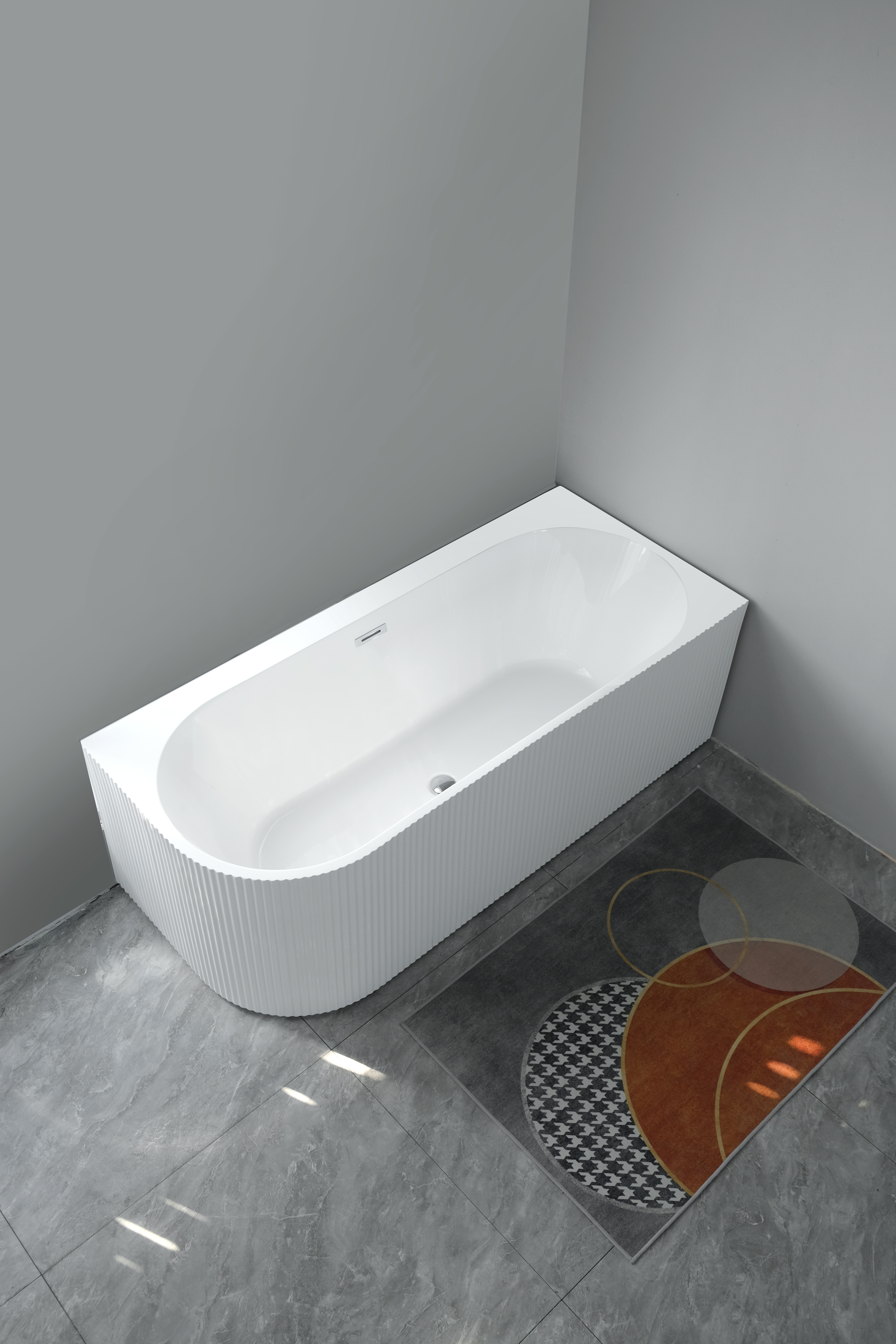 Wanna wolnostojąca przyścienna NAROŻNA PULA PRAWA Prążkowana 170 x 75 x 58 cm biała system przelewowy