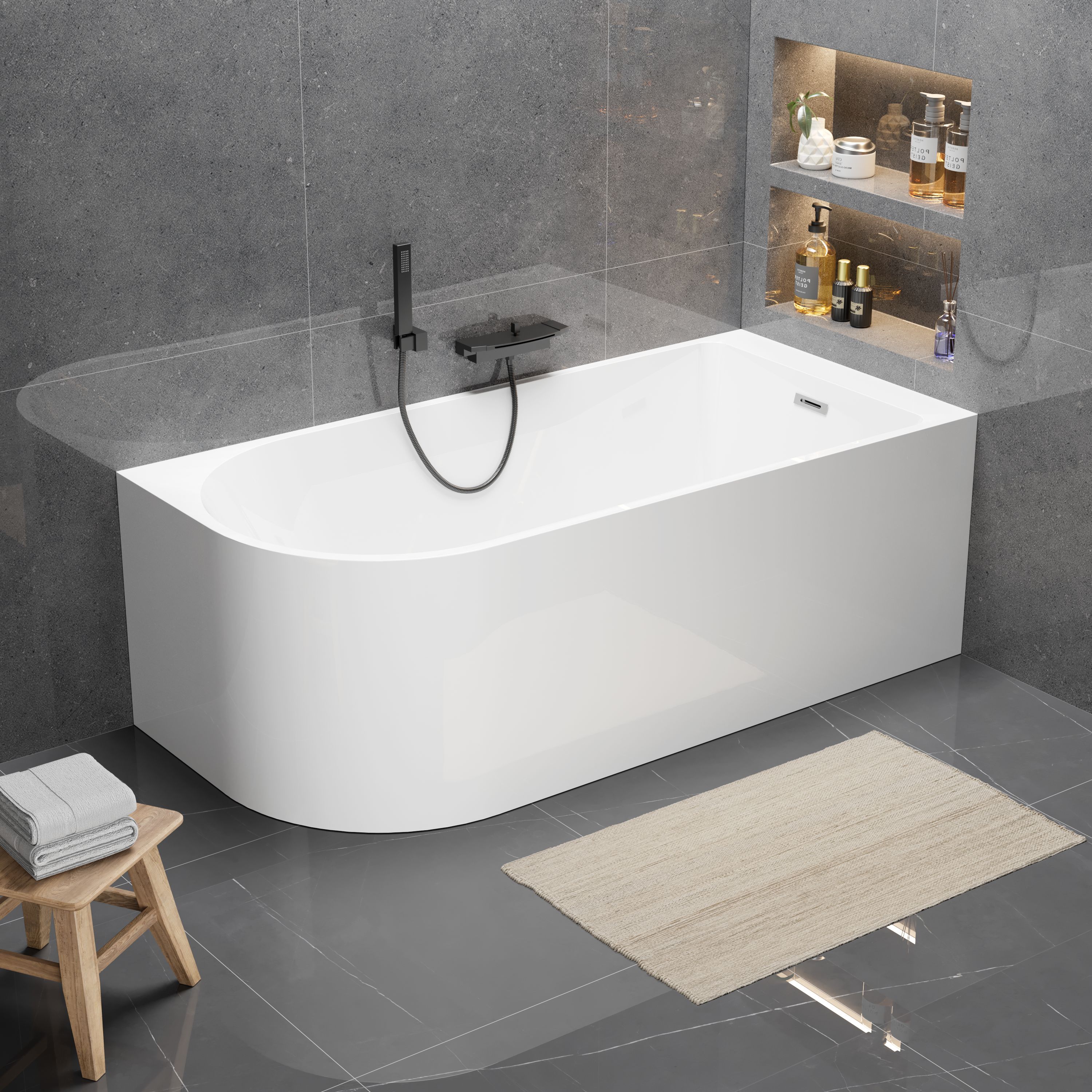 Wanna wolnostojąca przyścienna NAROŻNA PULA PRAWA 160 x 75 cm biała system przelewowy