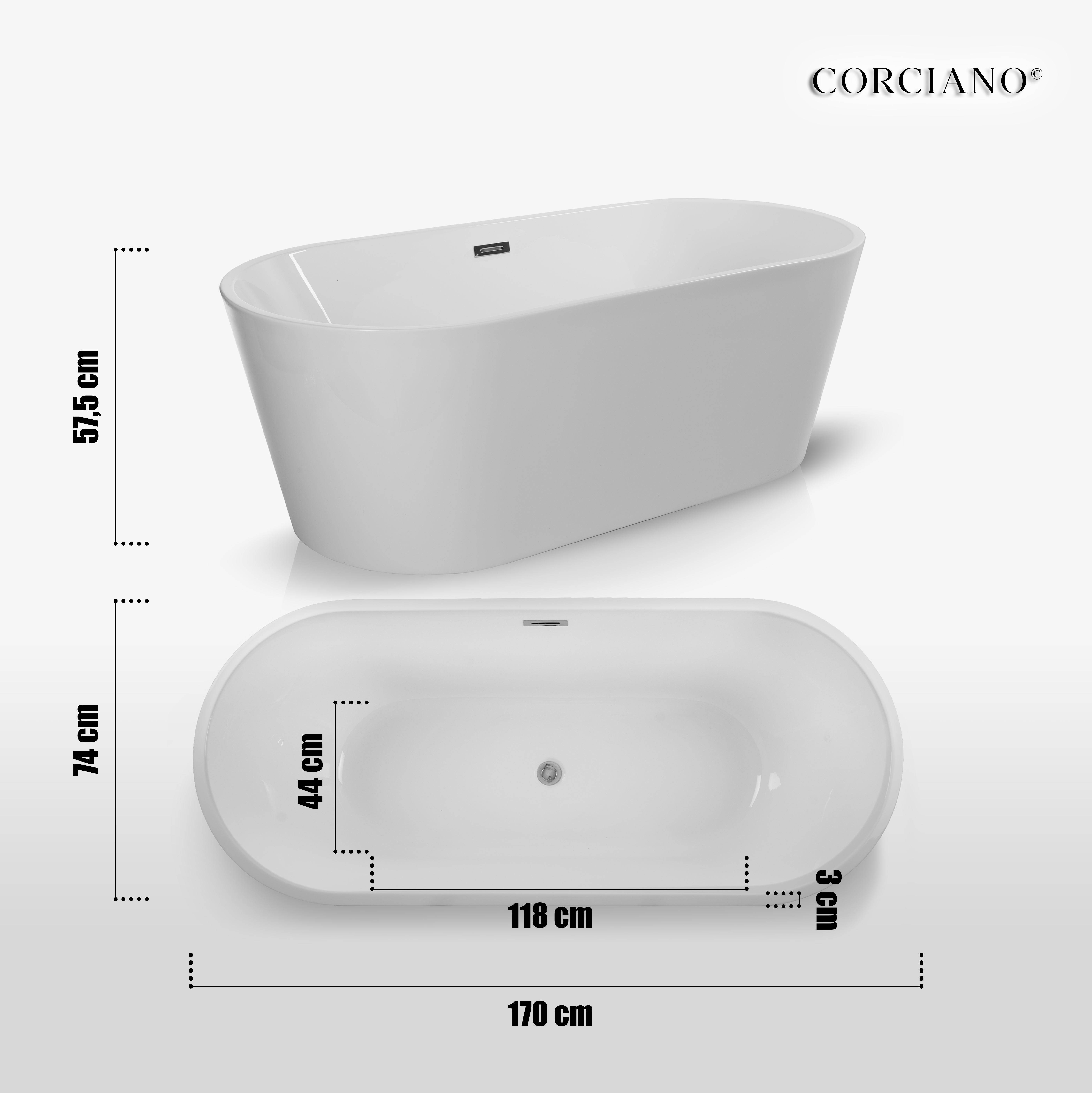 WANNA WOLNOSTOJĄCA Jupiter 170 x 74 +syfon Akryl