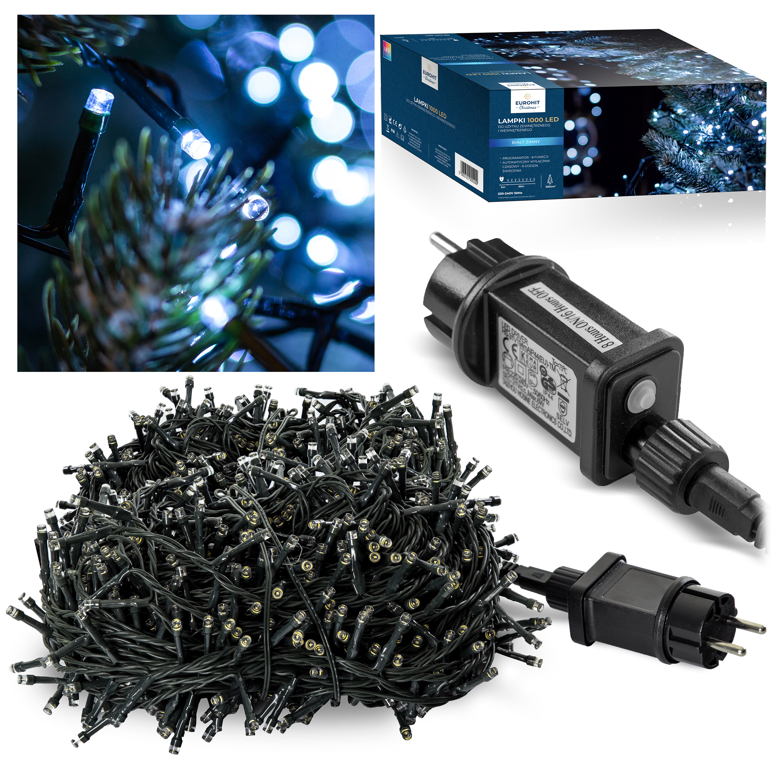 LAMPKI CHOINKOWE 1000 LED ZIMNY BIAŁY, PROGRAMATOR