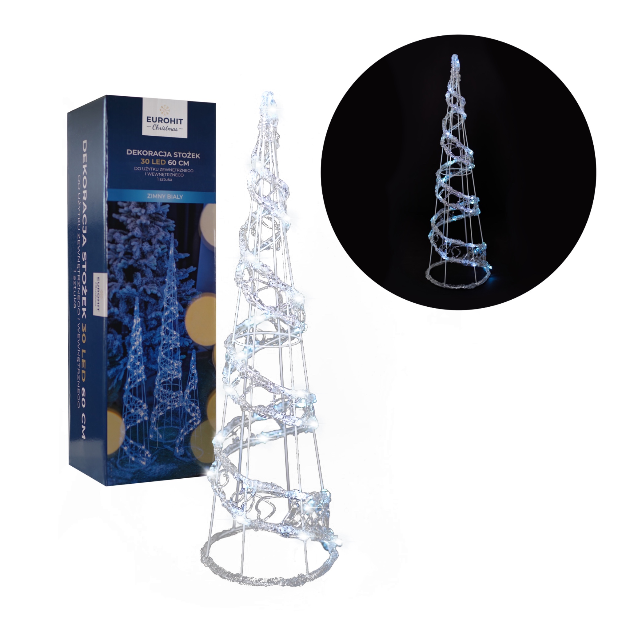 Dekoracja Stożek 30 LED 60 cm do użytku wewnętrznego i zewnętrznego zimny biał