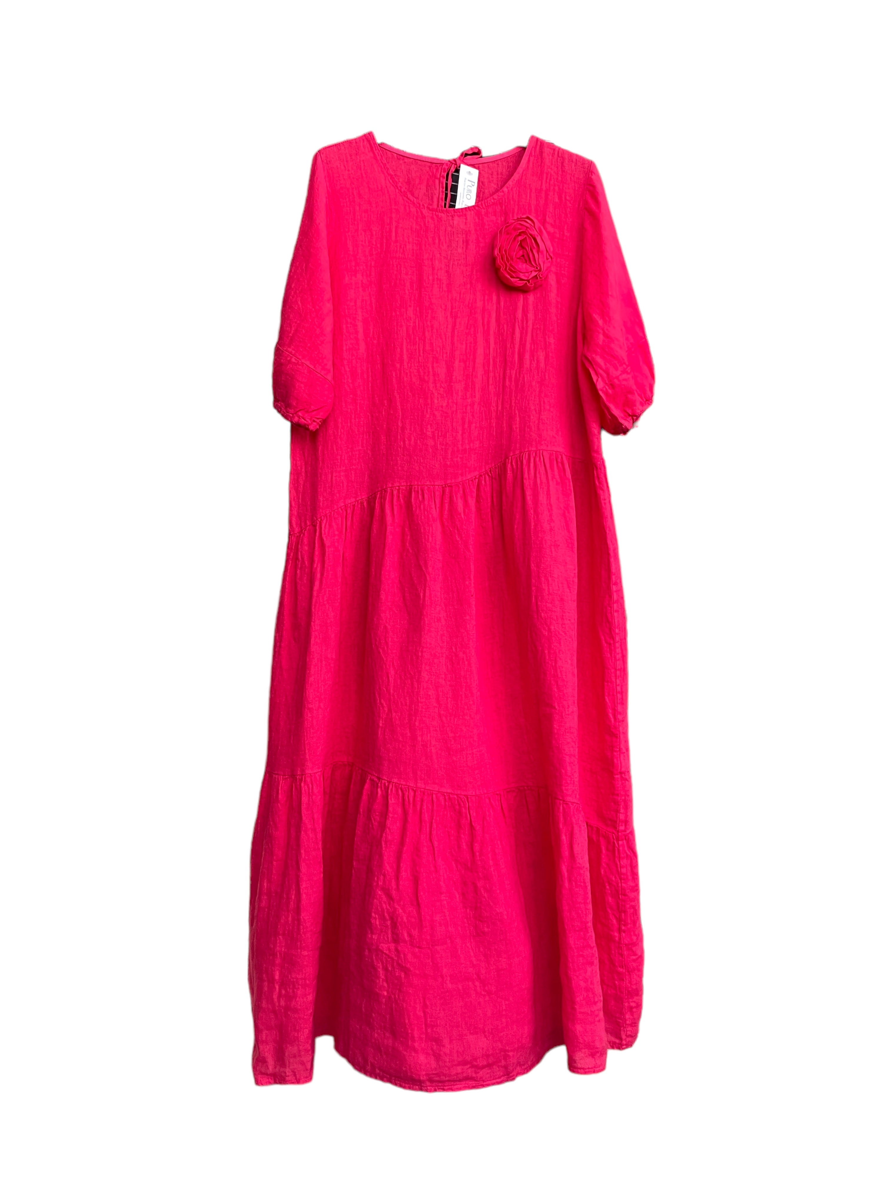 PURO LINO Malinowa sukienka maxi z kwiatem len uni duży