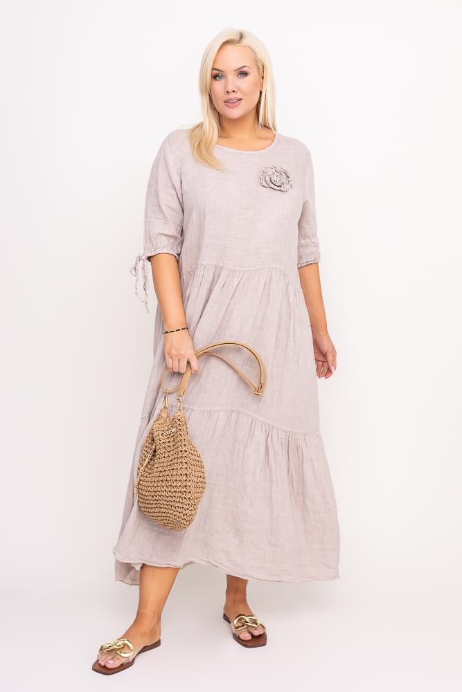 PURO LINO Malinowa sukienka maxi z kwiatem len uni duży
