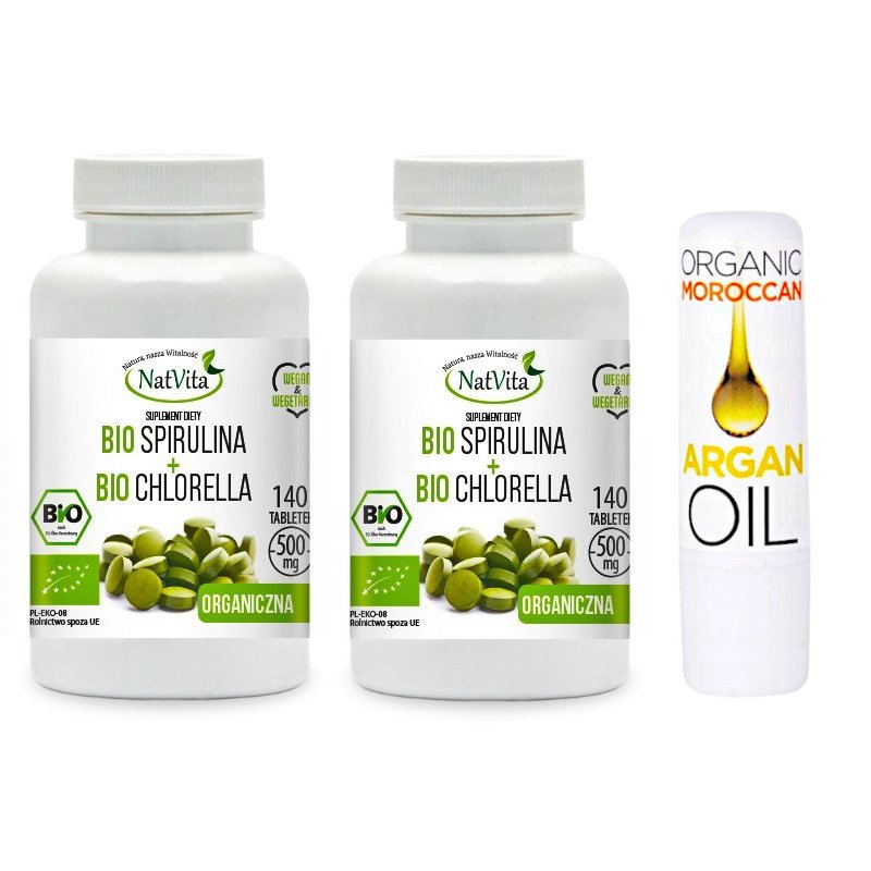 Zestaw 2x Spirulina + Chlorella Bio 140 tabletek NatVita + Pomadka Arganowa