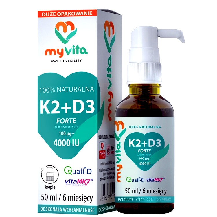 Witamina K2 MK7 100mcg + D3 4000iu krople 50 ml MyVita Duże Opakowanie