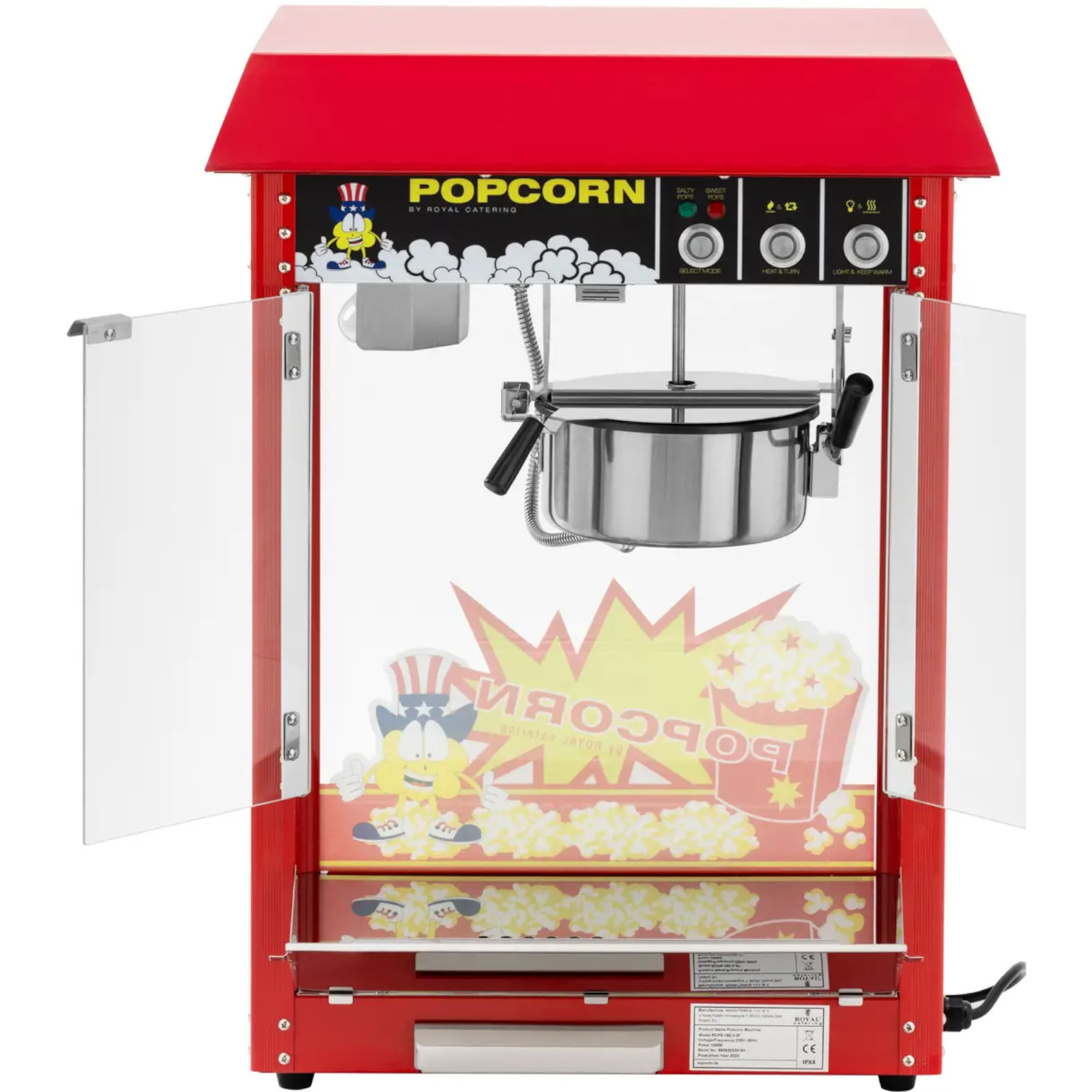 Maszyna urządzenie do prażenia popcornu retro TEFLON 1600 W 5-6 kg/h - czerwona (7)