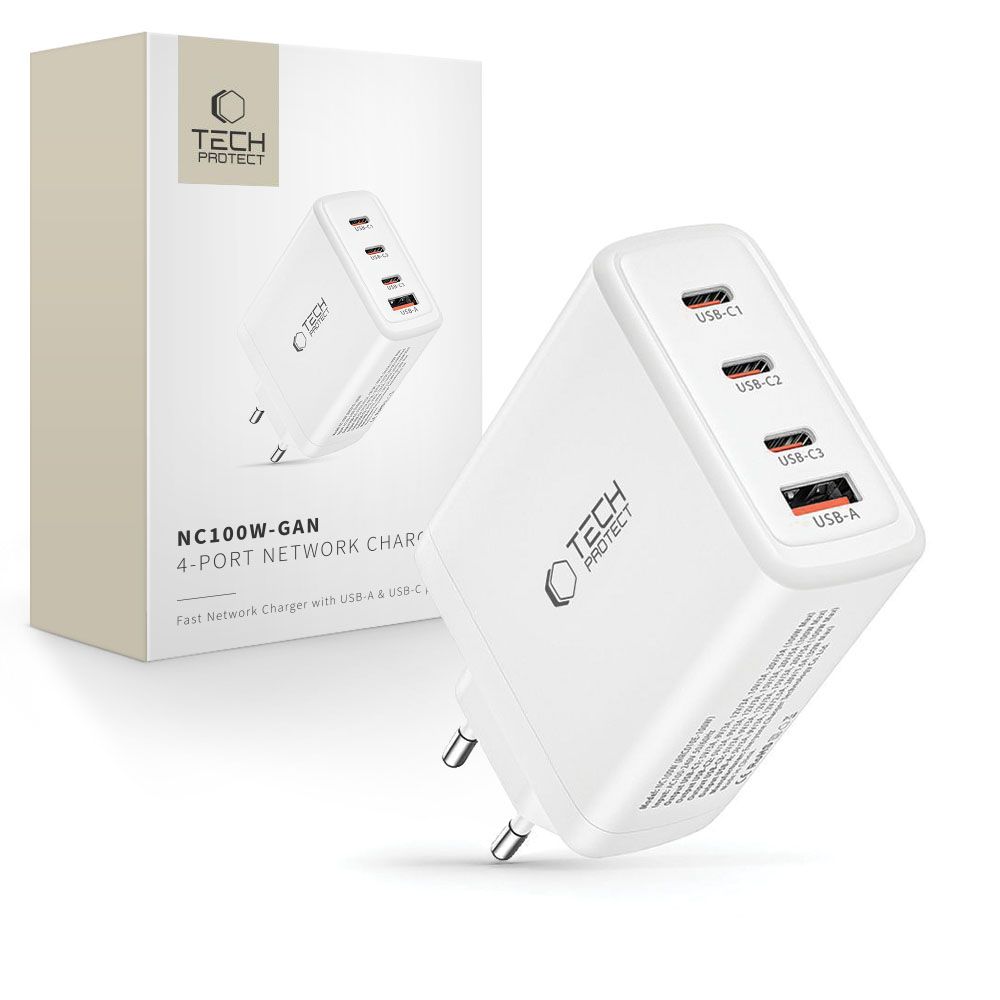 Ładowarka sieciowa GaN 3x USB-C PD USB-A QC 100W - biała