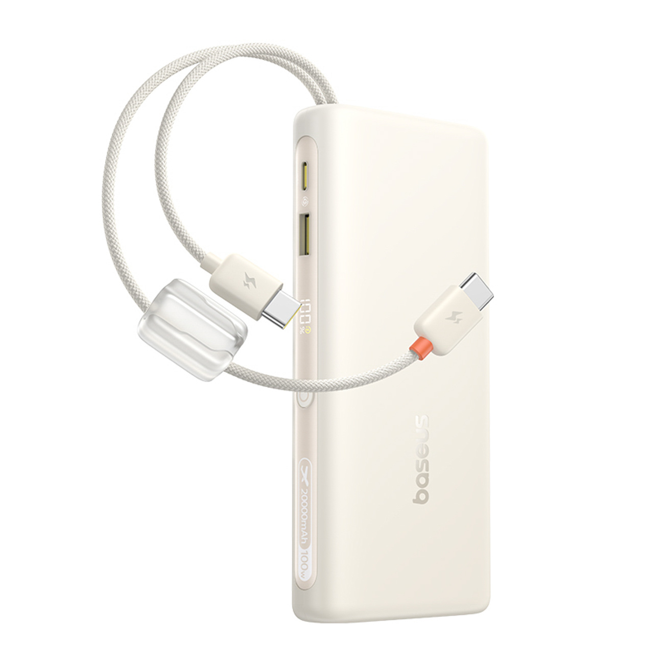 Powerbank 20000mAh 100W z wyświetlaczem dwoma kablami USB-C - beżowy