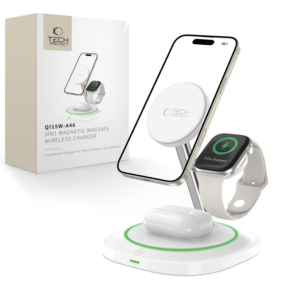 Ładowarka indukcyjna 3w1 do smartfona smartwatcha słuchawek Magnetic MagSafe - biała